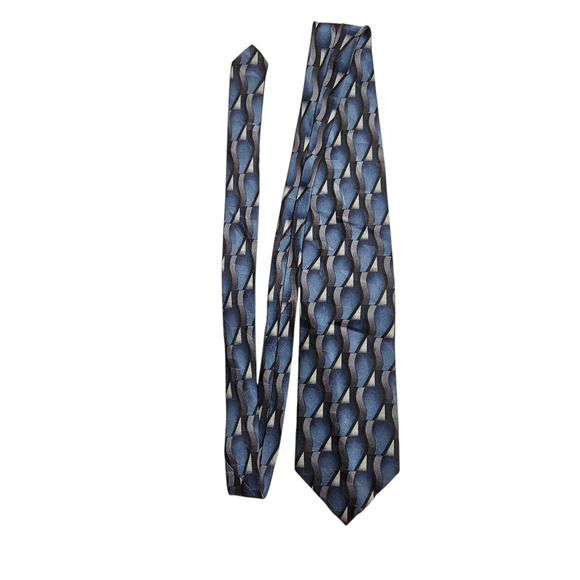 Massini Men’s Tie Blue Gray Geometric Pattern 3.75” Wide 100% Silk Handmade - Picture 4 of 6